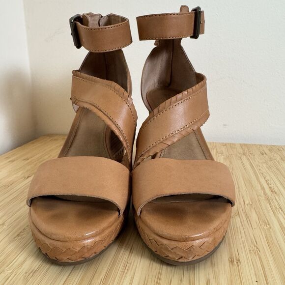 Frye Riviana Feather Wedge Leather Ankle Strap Sandals Camel Tan 9 M EUC - Picture 2 of 9